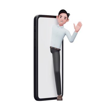 businessman appears from the big phone screen and says hi wearing blue shirt, 3d illustration of businessman holding phone png