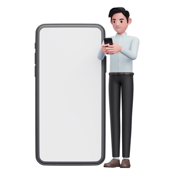 Businessman in blue shirt Typing Message on the Smartphone, 3d illustration of businessman holding phone png