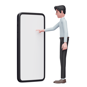 Businessman in blue shirt playing mobile phone touching phone screen with index finger, 3d illustration of businessman holding phone png