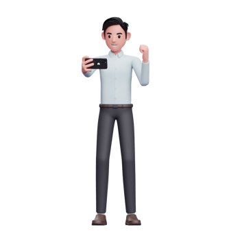Businessman in blue shirt celebrating while looking at the phone screen, 3d illustration of businessman using smartphone png