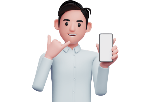 businessman holding a cell phone with the gesture call me sign finger, 3d illustration of businessman holding phone png