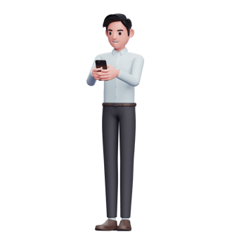 Businessman in blue shirt Typing Message on the Smartphone, 3d illustration of businessman using smartphone png