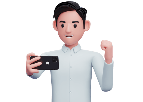 portrait of a businessman celebrating while looking at a cell phone, 3d illustration of businessman holding phone png