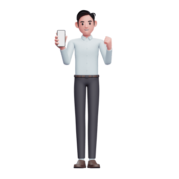 Businessman in blue shirt doing winning gesture with showing phone screen, 3d illustration of businessman using smartphone png