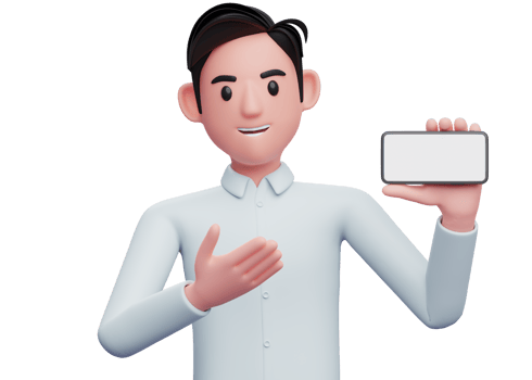 businessman presenting with landscape screen phone, 3d illustration of businessman holding phone png
