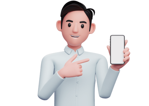 businessman pointing with a finger gun at the cellphone she is holding, 3d illustration of businessman holding phone png