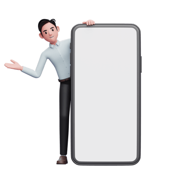 businessman appears from behind a big phone, 3d illustration of businessman holding phone png