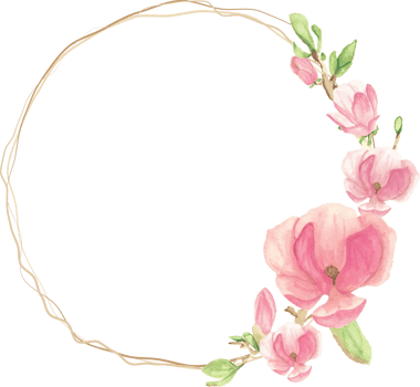watercolor pink blooming magnolia flower and branch wreath frame png