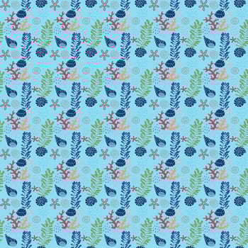 Vector seamless repeat pattern drawing of seashell, coral, starfish, under ocean on blue background for fashion fabric textiles, wallpaper printed, paper wrapping
