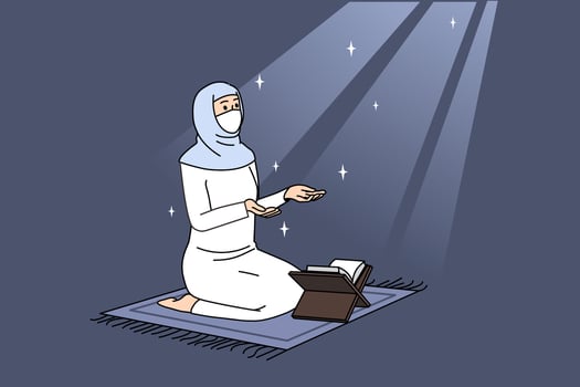 Arabic islamic religion and spirituality concept. Woman arabic ethnicity in traditional clothing and koran sitting on mosque on knees and praying vector illustration