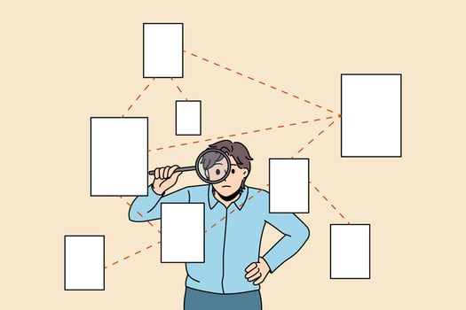 Searching for information and strategy concept. Young serious businessman standing and looking at various papers official document with magnifier searching for information vector illustration