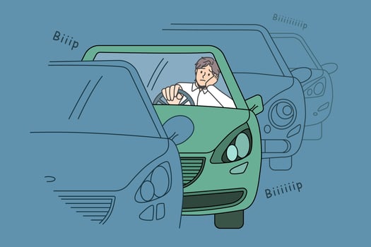 engarrafamento e conceito de situação rodoviária. motorista jovem triste confuso sentado no carro no engarrafamento esperando o movimento se sentindo cansado para ficar em um lugar ilustração do vetor