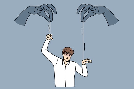 Influence pressure and marionette concept. Human hands with threads influencing and making move young frustrated stressed businessman vector illustration