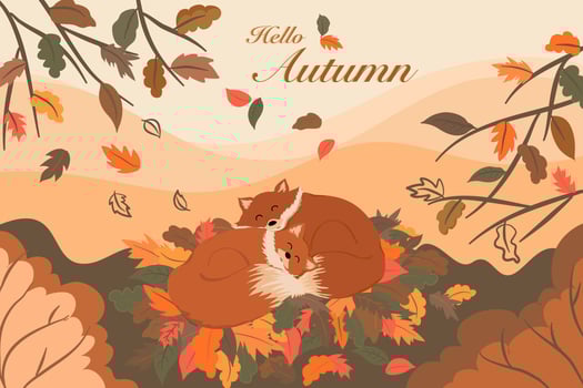 Vector of sleeping foxes on brown, orange leaves in Autumn season drawing, landscape view of trees, forest, mountain scenery with hello autumn texts for holidays  postcard, invitation background