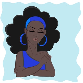 Vector drawing of black curly hair black skin woman in dark blue dress, blue headband, earring with eyes closed on light blue background