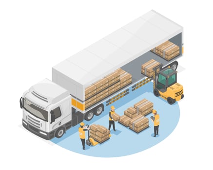 loading pallets box forklift isometric warehouse truck cardboard box in logistics business delivery truck isolate vector