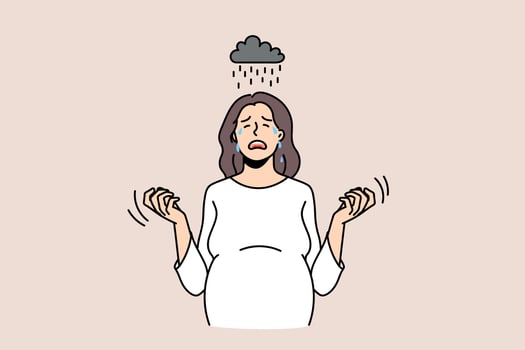 Hormones and pregnancy influence concept. Young pregnant woman standing crying feeling like raining depression and unhappiness crisis vector illustration