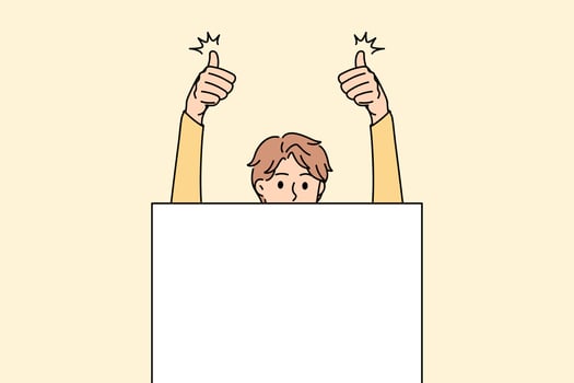 Copy space and thumbs up concept. Smiling man standing holding huge white copy space blank sign in hands for marketing advertisement and showing thumbs up sign vector illustration