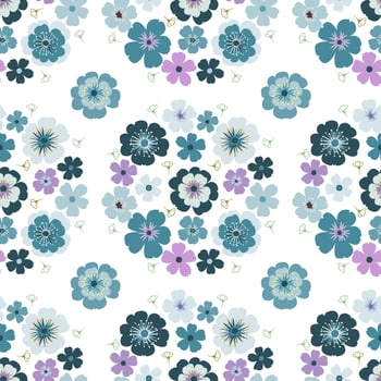 Pastel blue daisy petal spring flower blossom vector seamless pattern, abstract flora illustration drawing on white background for fashion fabric textiles printing, wallpaper and paper wrapping