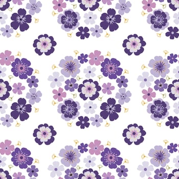 Purple violet daisy petal spring flower blossom vector seamless pattern, abstract flora illustration drawing on white background for fashion fabric textiles printing, wallpaper and paper wrapping
