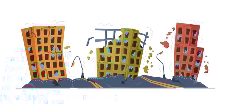 Vector illustration of the city earthquake. Destroyed city buildings, roads, streetlights.
