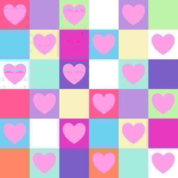 Pink heart on colorful geometric square background vector seamless pattern, element for decorate valentine card, flannel tartan plain fabric textile printing, wallpaper and paper wrapping