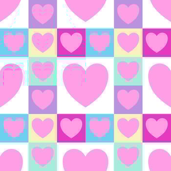 Pink heart on colorful geometric square background vector seamless pattern, element for decorate valentine card, flannel tartan plain fabric textile printing, wallpaper and paper wrapping