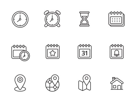 Set of time and location icons with linear style isolated on white background vector