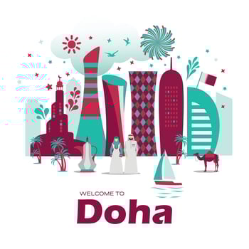 Doha - Qatar Landmark Buildings skyline of modern city with jug boat camel and people. vector