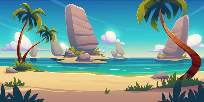 Tropical beach landscape with palm trees, sand vector