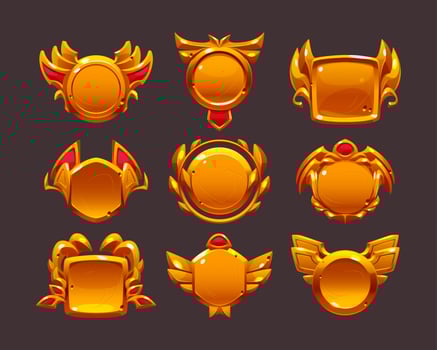 Golden game award badges, level icons, gold frames vector
