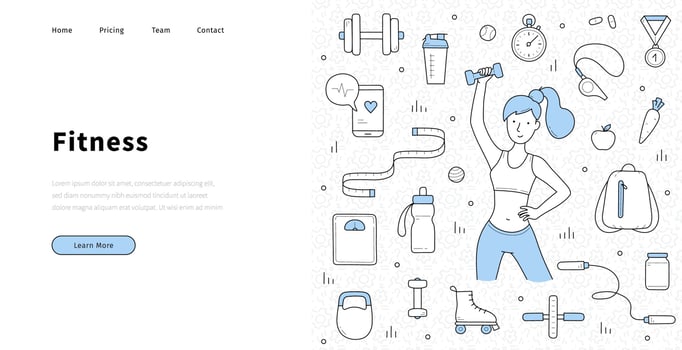 Fitness landing in doodle style, woman exercise vector
