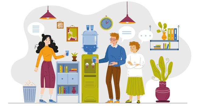 People drink water and talk near cooler in office vector