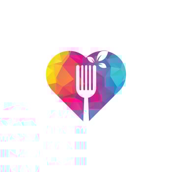Healthy Food heart shape concept Logo design. Fork and leaf Logo icon. vector