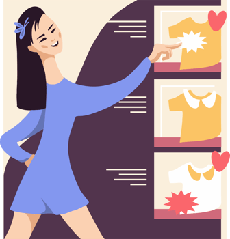 A young woman is shopping on the internet in an online store. png