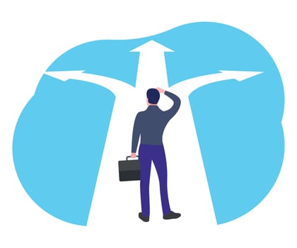 Businessman looks at arrows pointing to many directions vector
