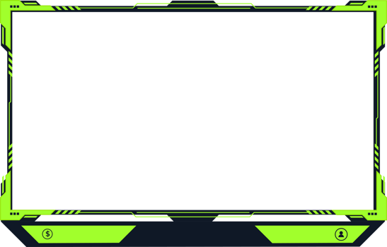Live gaming overlay image with buttons and screen panels for online gamers. Gaming screen overlay decoration with futuristic shapes. Live streaming overlay PNG with green and dark colors.