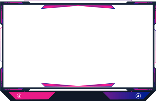 Online gaming screen panel and border PNG for gamers with colorful buttons. Live streaming overlay decoration with girly pink and blue color shades. Live broadcast elements PNG image.