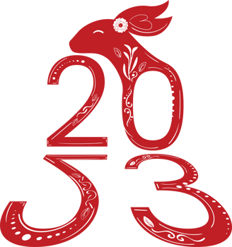 Chinese 2023 New Year Numeric. Zodiac Red Rabbit with White Floral Ornament png
