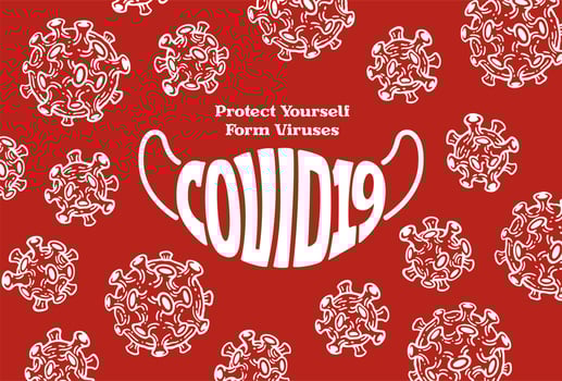 typography coivd19 in the shape of a face mask with viruses . vector illustration