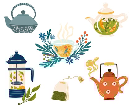 Herbal tea set. Mug with tea berries and leaves collection. Hot natural drink for health. Pharmacist of natural wellness poster, organic, herbal tea, wild flowers and herbs. Vector illustration