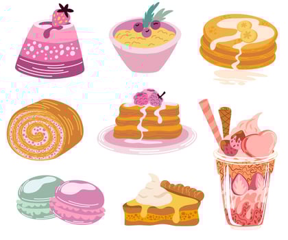 Cakes and desserts set. Piece of pumpkin pie with whipped cream. Sweet autumn dessert. Perfect for printing, poster, menu and restaurant. Vector flat illustration isolated on the white background.