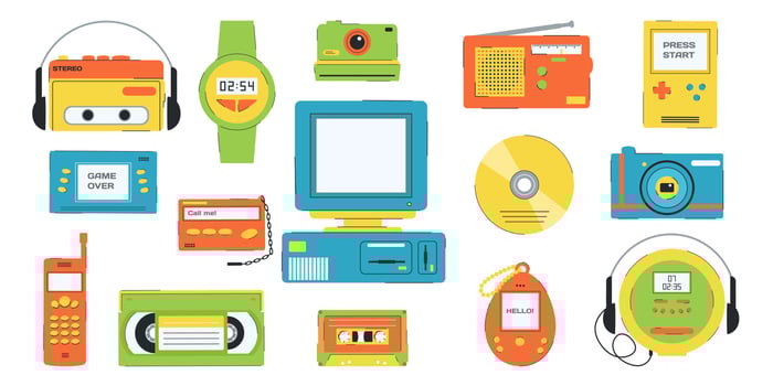 Set of vector elements in retro design. 90's style vector objects. Nostalgia for 1990s. Collection of 90s electronics computer, portable games, player, phone.