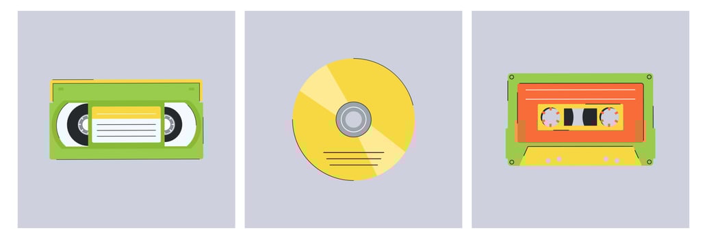 Set of cassete and disk of the 1990s. Set of vector elements in retro design. 90s style vector objects.