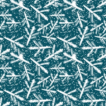 Seamless spruce branch pattern. Seamless spruce branches vector with snowflakes in white on blue background.  Christmas pattern for printing on fabric or wrapping paper.