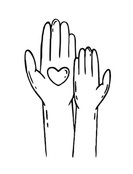 Heart in hand. Charity donation for health. Vector illustration of a doodle