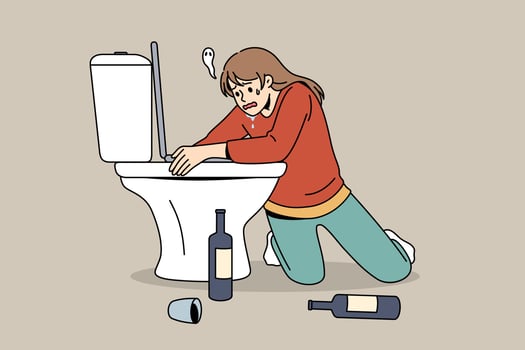 Having hangover after party concept. Young woman cartoon character sitting on knees embracing toilet with bottles of wine standing on floor feeling sick vector illustration