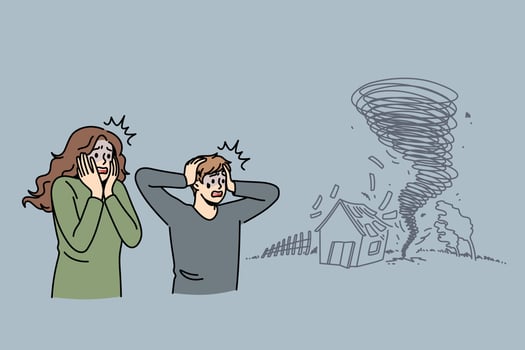 Natural disaster and tornado concept. Sad stressed frightened man and woman standing looking at coming storm and damaged house and feeling despair vector illustration