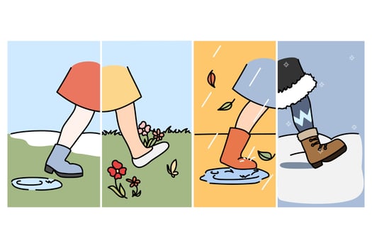 Girl in different clothing walk on street during changing seasons. Woman have various clothes in winter, spring, summer and autumn. Seasonal garment. Fashion and style. Vector illustration.