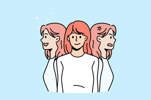 Young woman faces feel different emotions suffer from bipolar disorder. Girl have mood swings, struggle with mental disease. Health problem concept, psychotherapy. Flat vector illustration.